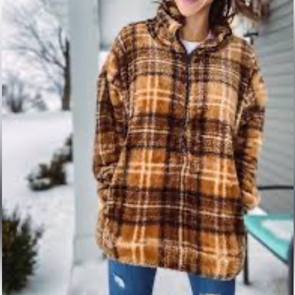 NWT LuLaRoe Teddy Bear Plaid Plush Plaid OVERSIZE Half ZipFront Jacket, Size XXS